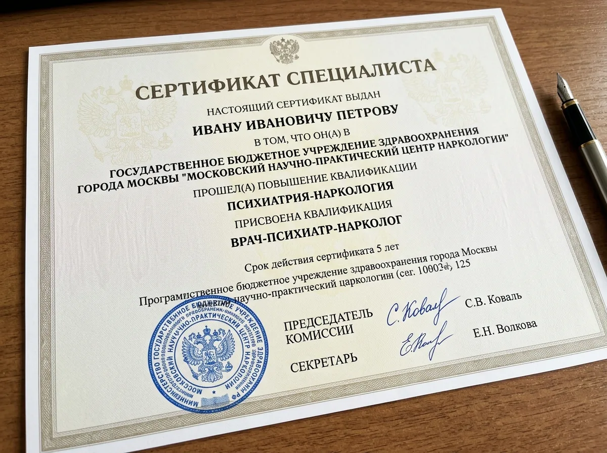 Сертификат врача-психиатра нарколога с подписью и печатью Министерства здравоохранения Российской Федерации